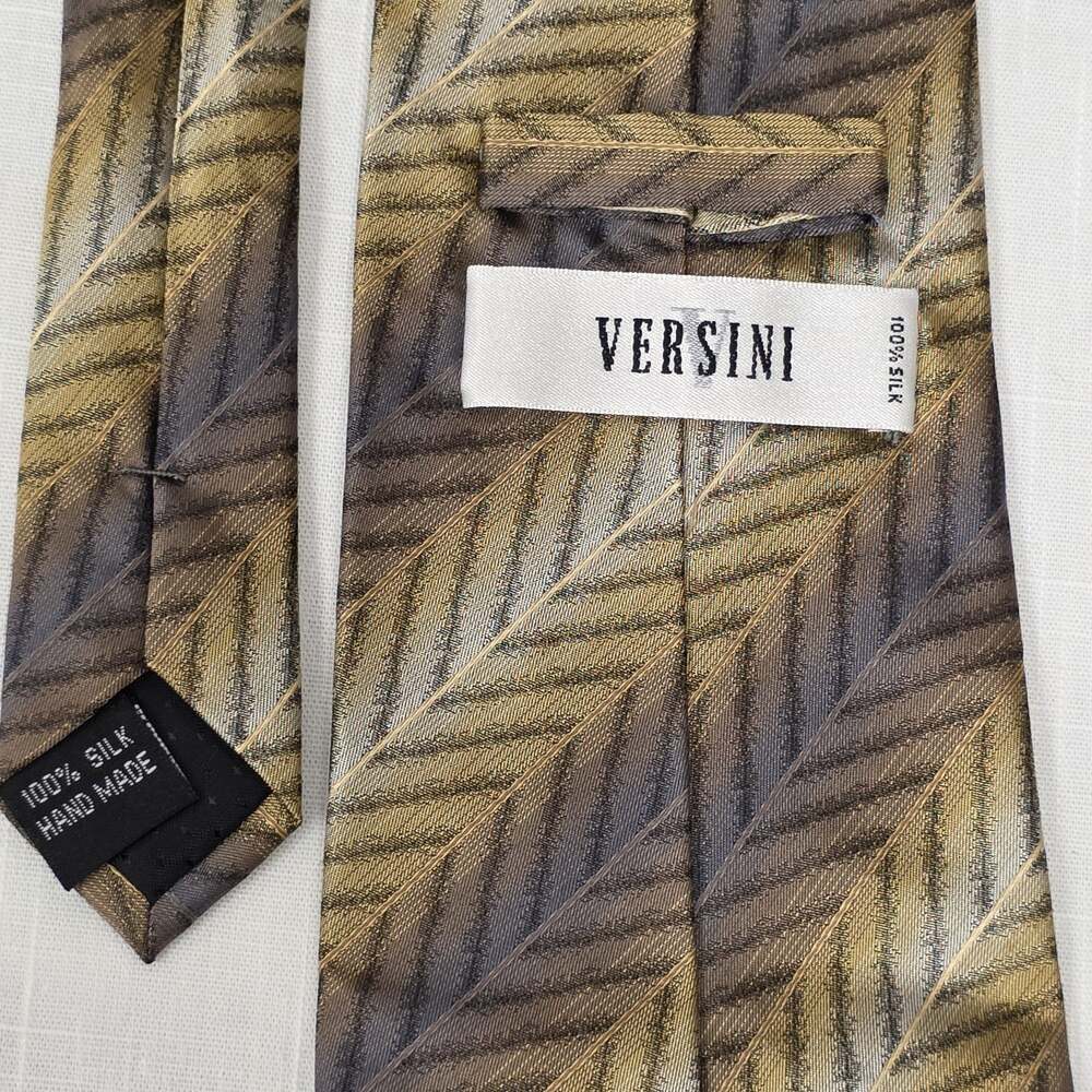 Versini 100% Silk Men's Necktie Gold Brown Gray Diagonal Striped Tie 29"
